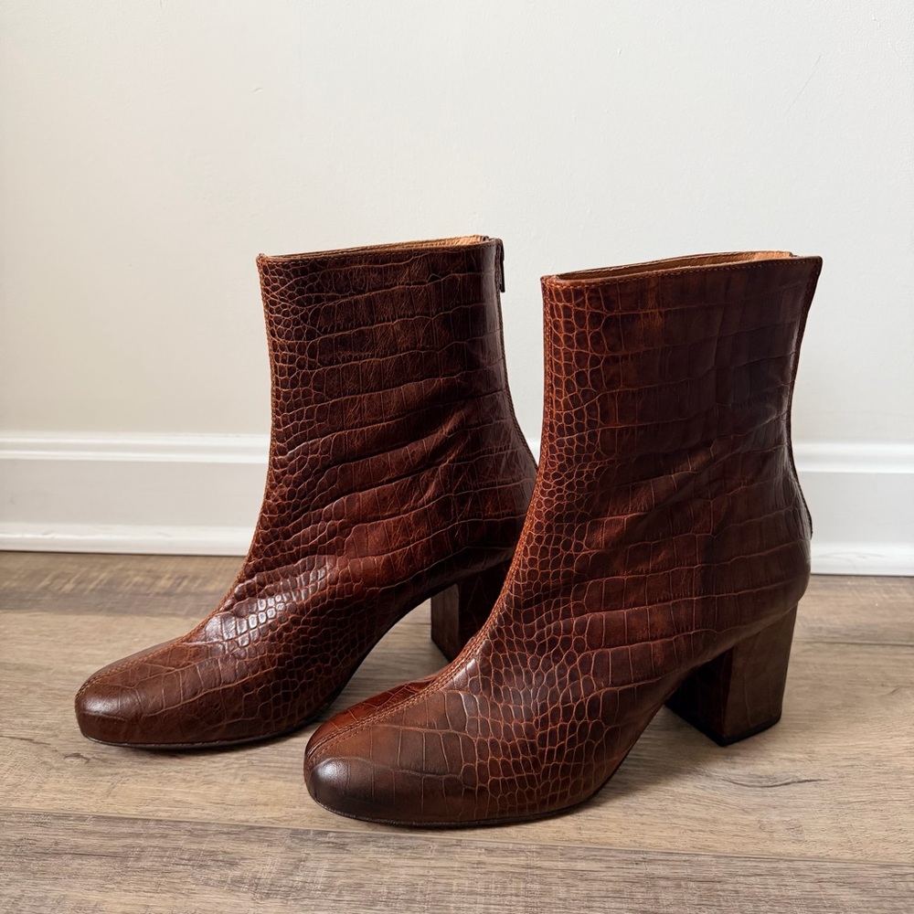 Free People Cecile Brown Croc Embossed Ankle Boots - Picture 3 of 10